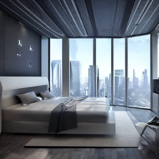 Image similar to a futuristic luxury white bedroom with ceiling high windows looking out to a cyberpunk cityscape