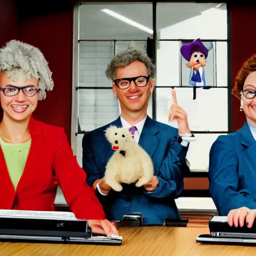 Image similar to a happy accounting firm staffed by different types of hyper-realistic felted toy mice, with a xerox machine, computers, kitchenette and conferenceroom, with a small black woolly terrier dog as the manager, colourful, playful, miniature