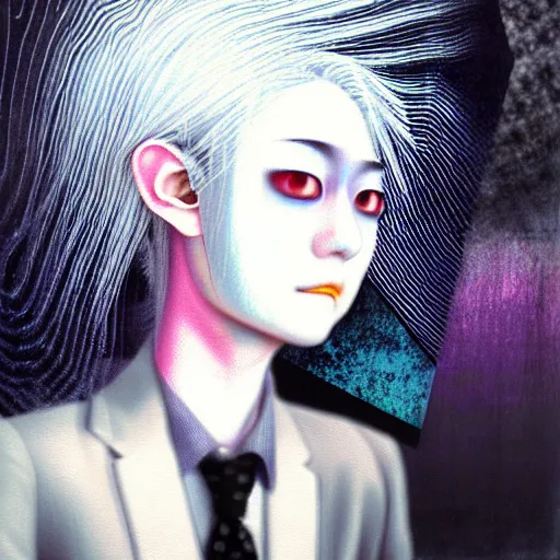 Image similar to yoshitaka amano blurred and dreamy realistic three quarter angle portrait of a young woman with white hair and black eyes wearing dress suit with tie, junji ito abstract patterns in the background, satoshi kon anime, chungking express color palette, noisy film grain effect, highly detailed, renaissance oil painting, weird portrait angle, blurred lost edges