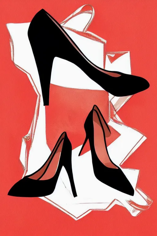 Prompt: black high heels with red bottoms, illustration, graphic design, high fashion, wall art, elegant, pop art style,