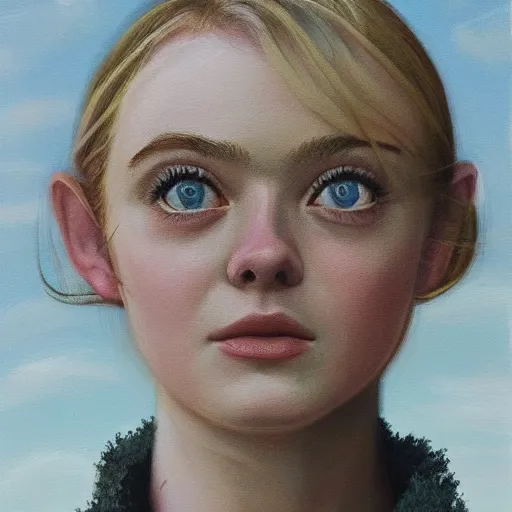 Prompt: professional painting of Elle Fanning as 007 in the style of Scott Listfield and Andrew Wyeth, head and shoulders portrait, symmetrical facial features, smooth, sharp focus, illustration, intricate, stormy weather, extremely detailed masterpiece,