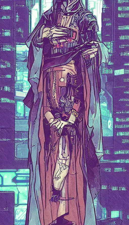 Prompt: a tarot card of the hermit, cyberpunk themed art, concept art