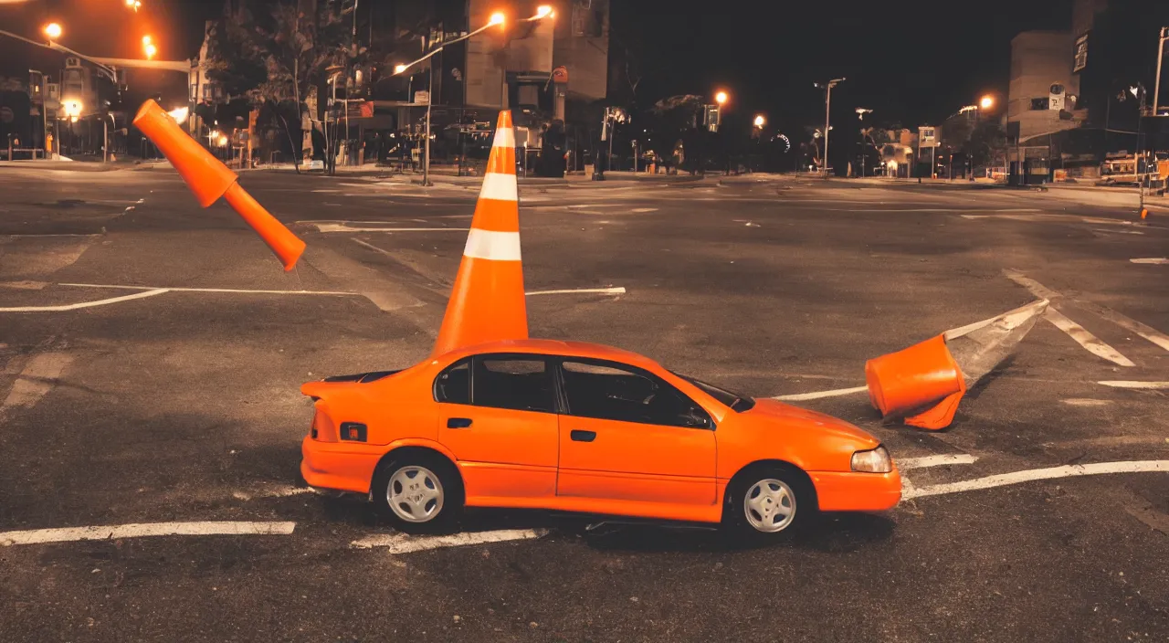 Image similar to Action shot of an orange construction traffic cone smashing the windshield of a single 1993 brown nissan maxima, photo realistic, night, photo realistic, depth of field, award winning, cinematic, color graded