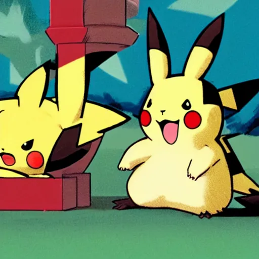Prompt: pikachu laying down in fetal position, machoke behind him