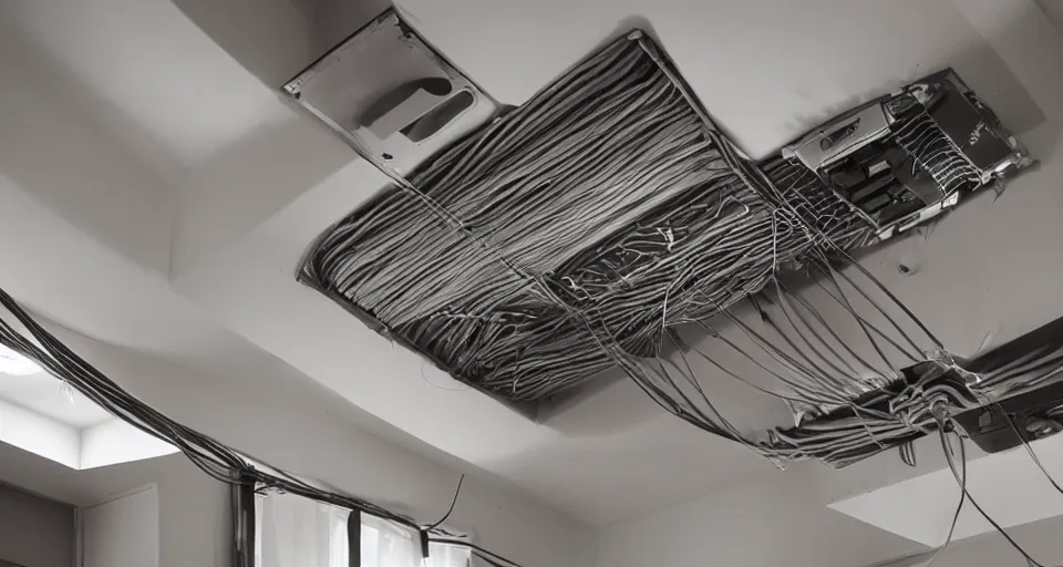 Prompt: a tangle of air ducts, cables and wiring in a small dysoptian flat, directed by terry gilliam