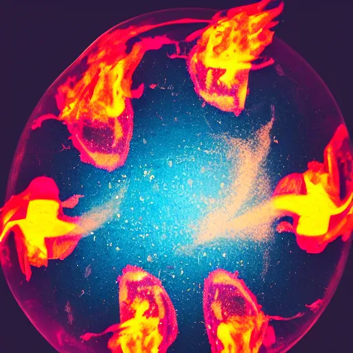 Image similar to soap bubble covered in fire flames, centered