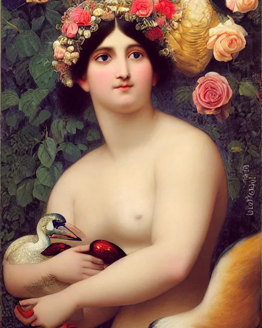 Image similar to beautiful portrait of a goddess hugging a swan, beautiful eyes, pomegranates and roses, close-up portraiture, golden ratio, painted by John William Godward and Jean Auguste Dominique Ingres and Anna Dittman,