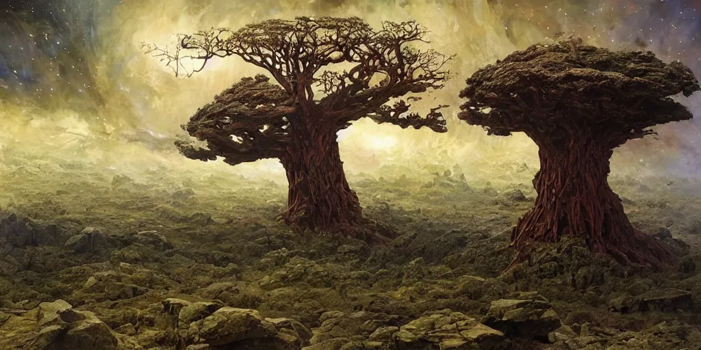 Image similar to supernova, giant tree made from asteroids in open space, painted by steve mccurry, ruan jia, raymond swanland, lawrence alma tadema, zdzislaw beksinski, norman rockwell, jack kirby, tom lovell, alex malveda, greg staples