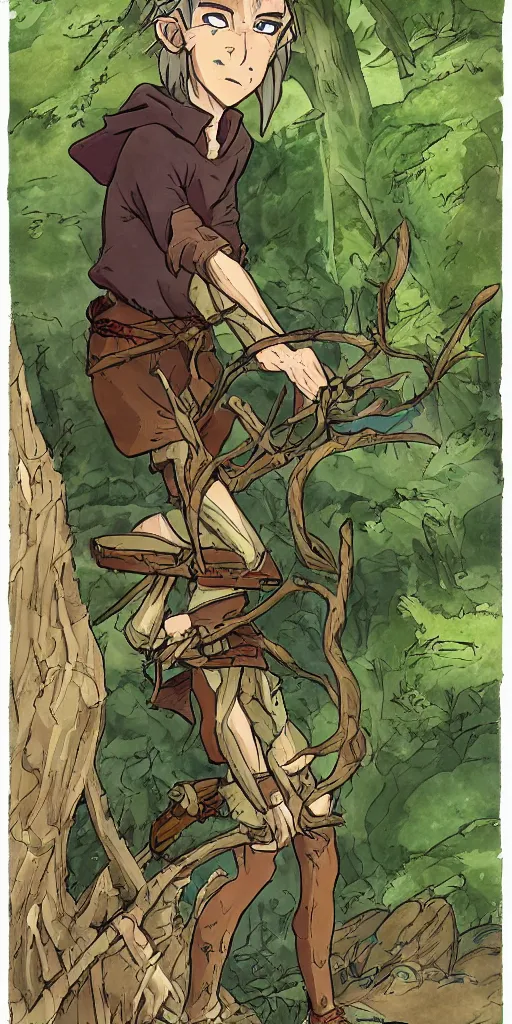 Image similar to an wood elf boy getting ready for an high fantasy adventure on the mountain side, anime style, tarot card, Tarot card the fool, fine line work, psychedelic, full color, earth tones