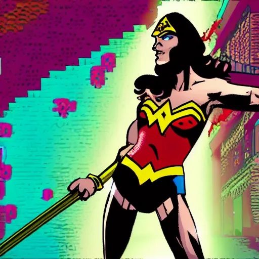 Prompt: wonder woman in hotline miami, video game, gameplay,