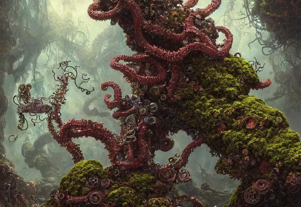 Image similar to illustrationand highly detailed render of a strange moss fungus and coral creature, lovecraftian, steampunk, biological, milky way environment, ultra realistic, concept art, intricate details, cheerful, highly detailed, photorealistic, octane render, 8 k, unreal engine. art by hr guger and artgerm and greg rutkowski and alphonse mucha