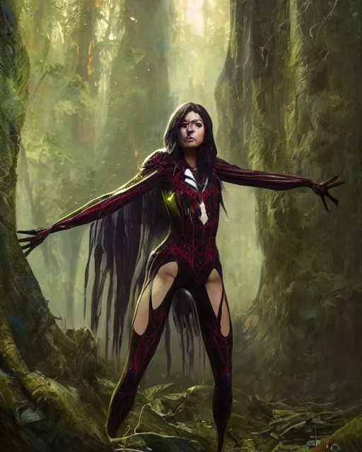 Prompt: a beautiful spiderwoman wearing a magical armor posing in a magical forest, hyper realistic face, fantasy art, in the style of greg rutkowski, illustration, epic, fantasy, intricate, hyper detailed, artstation, concept art, smooth, sharp focus