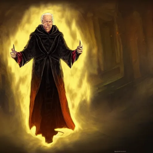 Image similar to joe biden wizard in a dark cloak preforming wizardry, concept art, fantasy, fantasy art, trending on artstation, highly detailed, award winning, museum piece