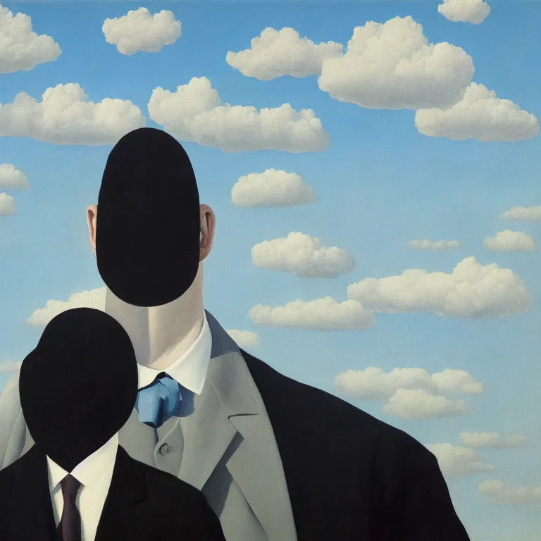 Image similar to portrait of a faceless shadow - head man in a suit, clouds in the background, by rene magritte, detailed painting, distance, middle centered, hd, hq, high resolution, high detail, 4 k, 8 k