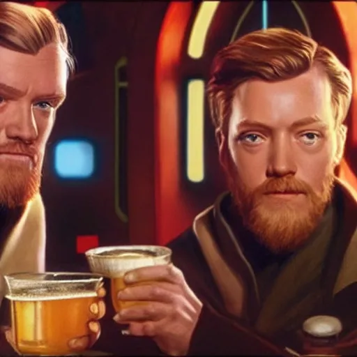 Prompt: star wars palpatine and obi wan drin beer in a sci - fi bar, movie still, screenshot, photorealistic painting, fanart, highly detailed