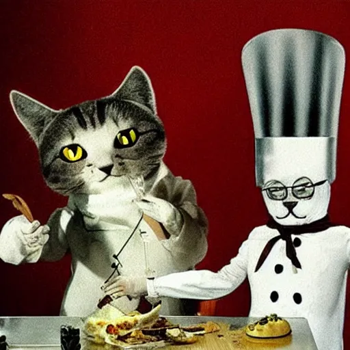 Image similar to anthropomorphic cats chef competing at the Masterchef TV show, by Salvador Dali