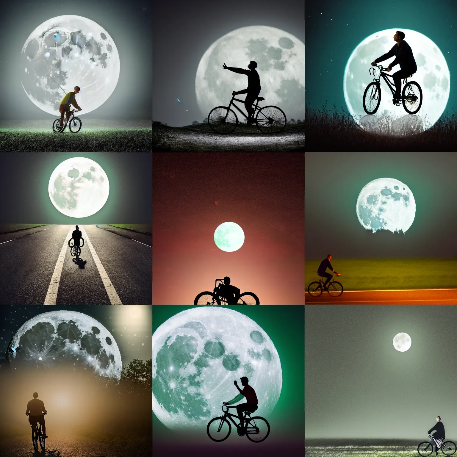 Prompt: high detail award winning photograph of a man riding a bicycle flying in front of a big white moon, green lighting, cinematic, atmospheric, spooky, hazy, 8k, tranquil