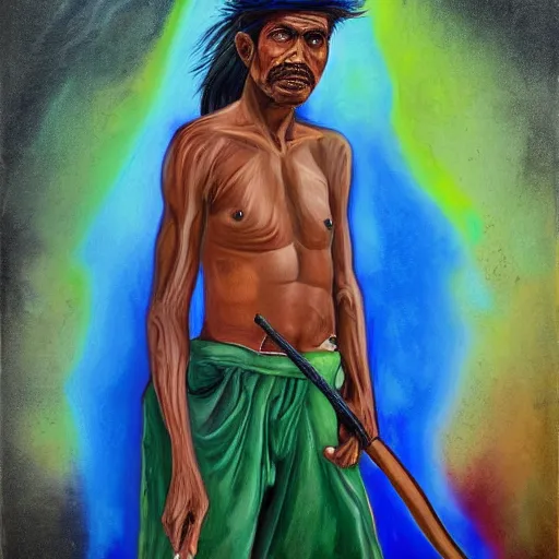 Prompt: portrait of head and body, single bangla farmer fighting on hoseback, hand to hand combat with machete, wielding machete, lungi, full body view, long flowing hair, fighting for his life, nebula aura surrounding subject, nestor canavarro art style, hyperrealist art style, sharp outlines