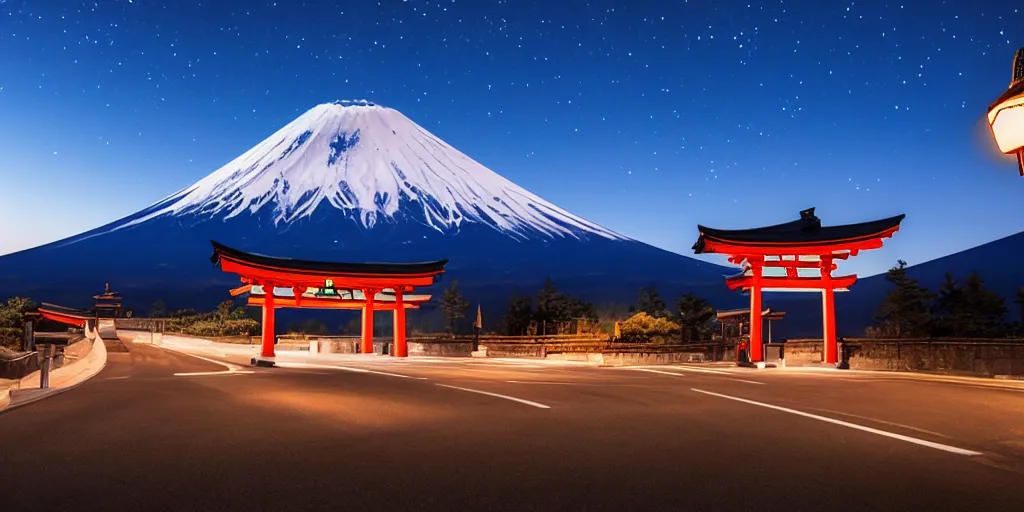 Image similar to A night photo of a school bus driving towards a Japanese Torii gate at Mount Fuji location in Japan, time travel, 4K, global illumination, ray tracing