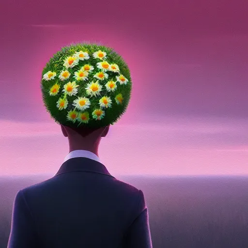 Prompt: giant daisy flowers head, frontal, girl in a suit, surreal photography, sunrise, dramatic light, impressionist painting, digital painting, artstation, simon stalenhag