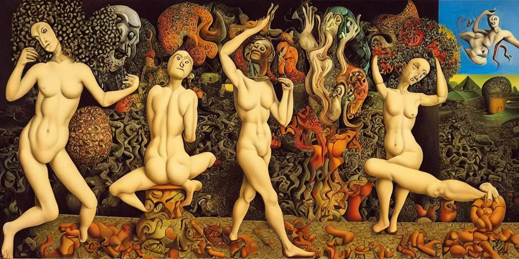 Image similar to the three fates, pain, pleasure, suffering, adventure, love, abstract oil painting by mc escher and salvador dali and raqib shaw