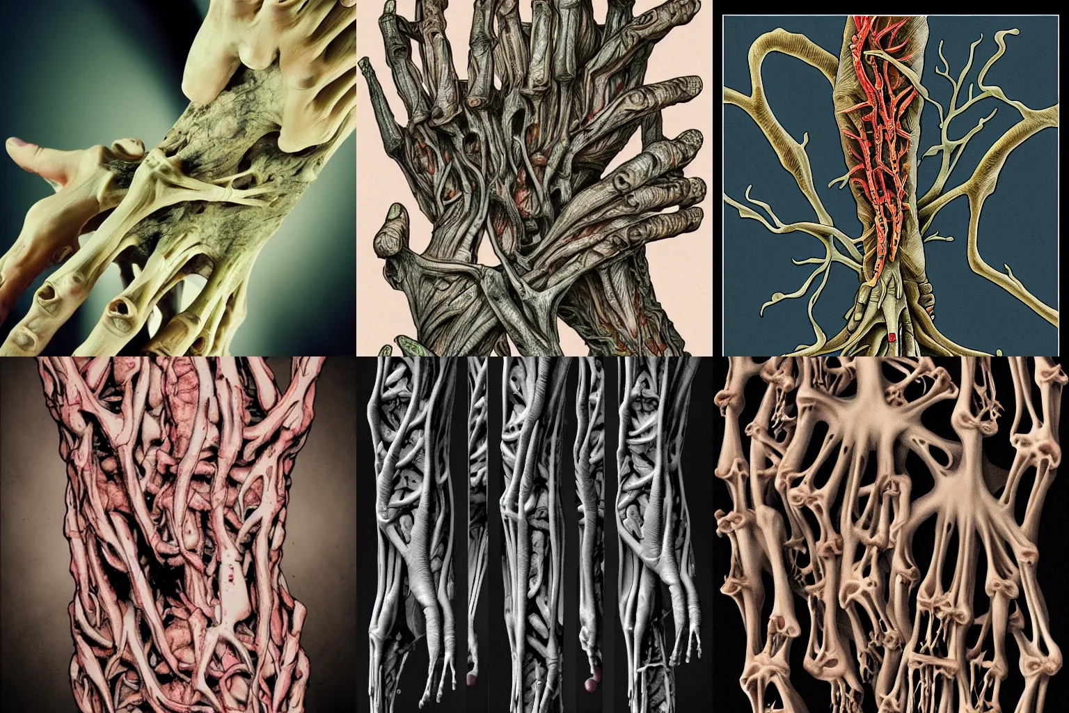 Prompt: hybrid of tree branches and human bones, fingers, flesh in style of David Cronenberg, detailed, high quality, cine colors