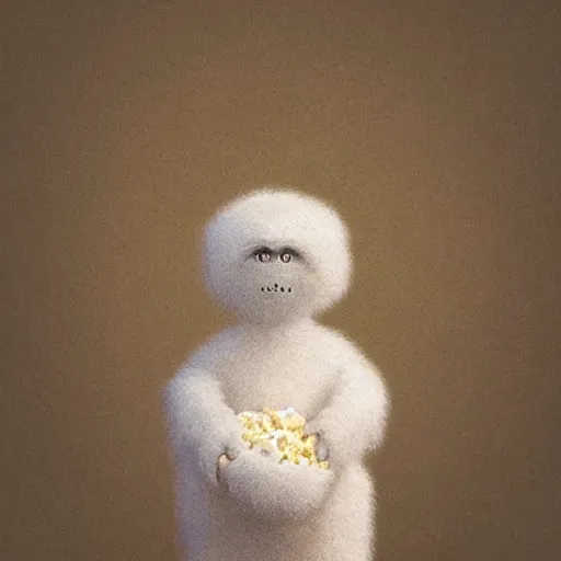 Prompt: A fluffy little humanoid popcorn creature, Graceful body structure,cute,Symmetrical face,highly detailed,elegant,Marc Simonetti and Caspar David Friedrich, Trending on artstation