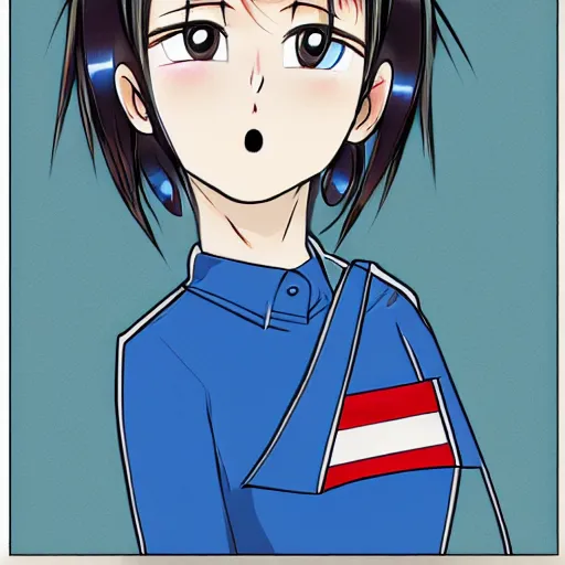 Prompt: a woman in a blue shirt with a american flag on her face, an anime drawing by ei - q, featured on pixiv, superflat, flat colors, commission for, anime