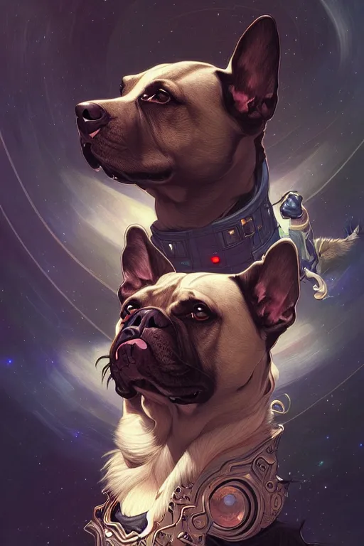 Prompt: Portrait of dog in space, dark fantasy, intricate, elegant, highly detailed, digital painting, artstation, concept art, smooth, sharp focus, illustration, art by Sam Youn and Fernanda Suarez and Artem Demura and alphonse mucha