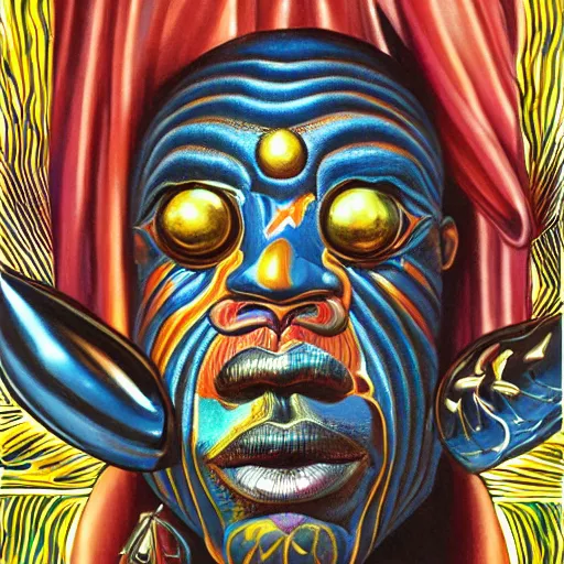 Image similar to beautiful lifelike painting of sun ra and his interstellar arkestra, hyperreal detailed facial features and uv lighting, art by ed roth and basil wolverton