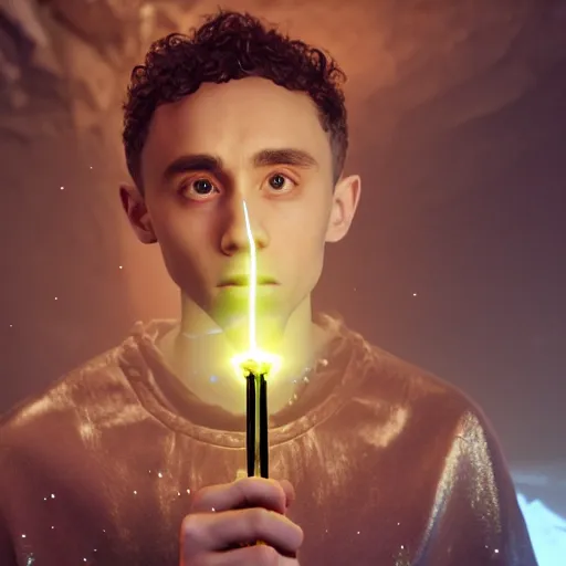 Prompt: Olly Alexander wearing a rogues tunic, holding a small glowing red magical wand with electrical bolts emitting from it. In a cave made of ice. Trending on Artstation, octane render, ultra detailed, art by Ross tran