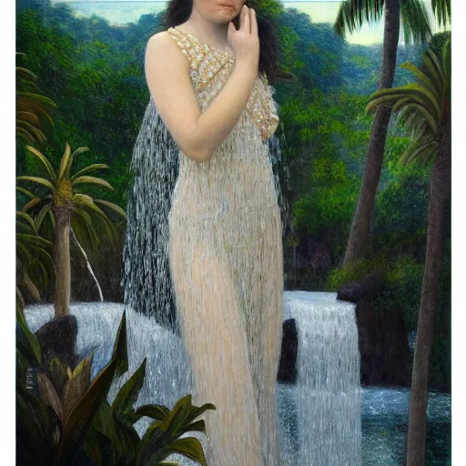 Image similar to a ultradetailed beautiful painting of lorde standing in front of the diamonds waterfall in the amazonas palace balustrade designed by jules bastien - lepage, tarsila do amaral, frank weston and gustave baumann, beach, trending on artstation, mediterranean, palm trees, sharp focus, soft light, 8 k 4 k