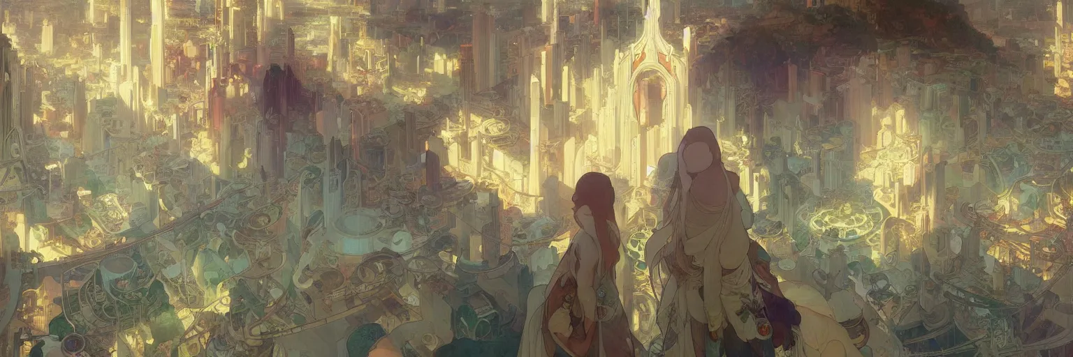 Image similar to A beautiful painting of a utopian city by Alfons Maria Mucha and Julie Dillon and Makoto Shinkai