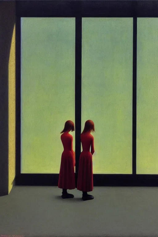 Image similar to twins, sisters, in the void, by the mirror, train station, woman poking tv in her head edward hopper and james gillard, zdislav beksinski, high detail alex colville, otto mueller, stephen conroy, sandro botticelli, andrew newell wyeth, daniel meidman jussi picho octane rendering