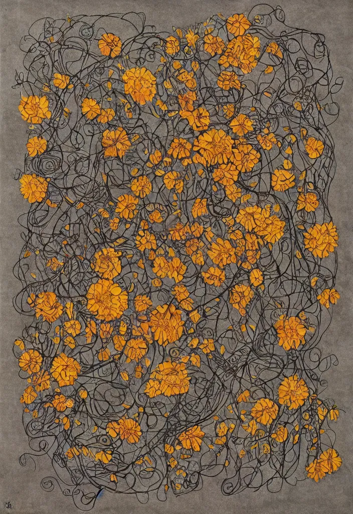 Image similar to award winning mandala artwork about withered sunflowers and dry nasturtiums with vines, dark tones