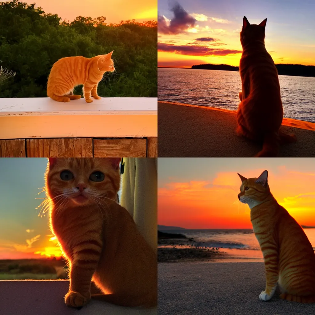 Prompt: orange tabby cat is admiring the sunset