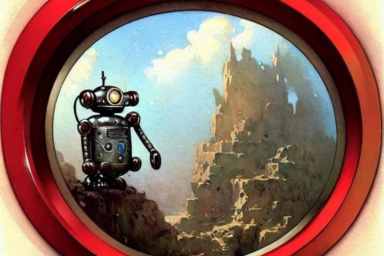 Image similar to adventurer ( ( ( ( ( 1 9 5 0 s retro future robot android time porthole portal window. muted colors. ) ) ) ) ) by jean baptiste monge!!!!!!!!!!!!!!!!!!!!!!!!! chrome red