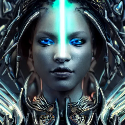 Prompt: beautiful black female evil cyborg druid android queen with glowing eyes, made of glass, bright glowing veins, in clouds, ultra realistic, concept art, intricate details, serious, highly detailed, photorealistic, octane render, 8 k, unreal engine, art by todd mcfarlane and artgerm and greg rutkowski and alphonse mucha