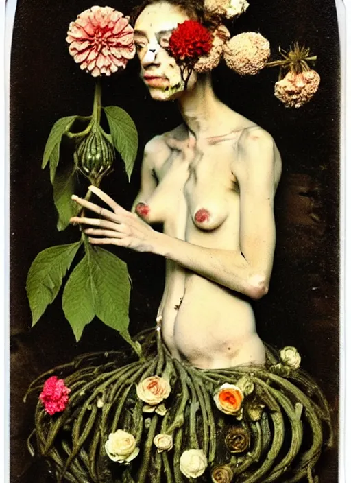 Image similar to beautiful and detailed rotten woman made of plants and many types of stylized flowers like carnation, chrysanthemum and tulips, anatomical, intricate, organs, ornate, surreal, john constable, guy denning, gustave courbet, caravaggio, romero ressendi 1 9 1 0 polaroid photo