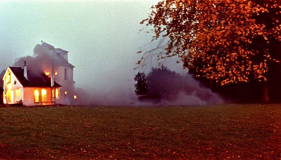 Image similar to 1 9 7 0 s movie still by andrei tarkovsky of a heavy burning french style little house in a small northern french village by night in autumn, cinestill 8 0 0 t 3 5 mm, heavy grain, high quality, high detail, dramatic light, anamorphic, flares