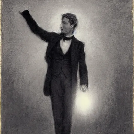 Image similar to portrait of an action hero in suit and tie, raising his hand to summon a blinding light, by alfred stevens in charcoal