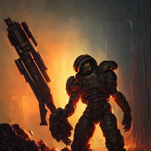 Image similar to doom guy holding the crucible, bright art masterpiece artstation. 8 k, sharp high quality artwork in style of greg rutkowski, concept art by tooth wu, blizzard warcraft artwork, doom helmet