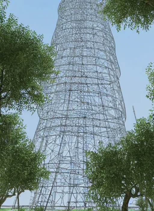 Image similar to highly detailed realistic architecture 3 d render of a stele shukhov tower standing in a city park, archdaily, made in unreal engine 4 octane render