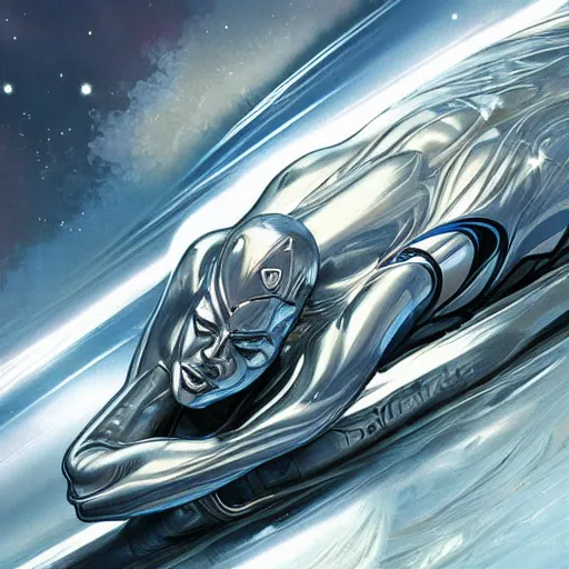 Image similar to silver surfer in space on top of a jdm car, intricate, elegant, highly detailed, digital painting, artstation, concept art, smooth, sharp focus, illustration, art by Krenz Cushart and Artem Demura and alphonse mucha