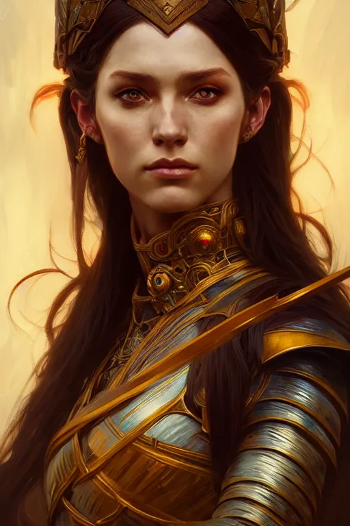 Prompt: portrait of a young beautiful warrior Queen, Warhammer, fantasy, intricate, beautiful eyes, cinematic lighting, highly detailed, digital painting, Artstation, concept art, smooth, sharp focus, illustration, art by Artgerm and Greg Rutkowski and Alphonse Mucha