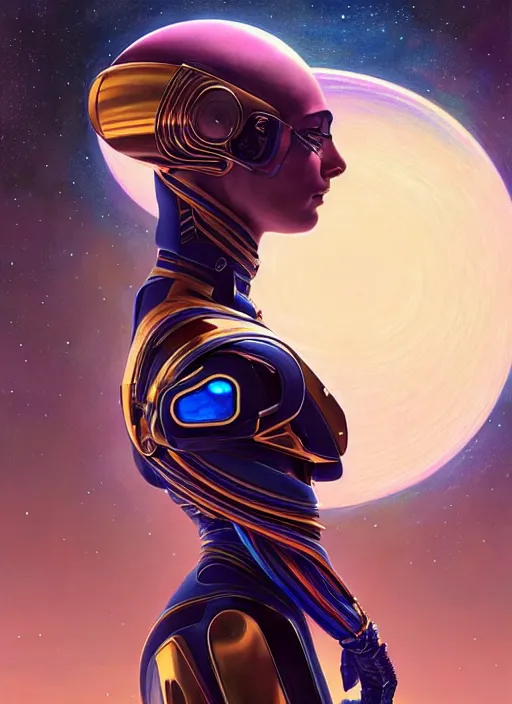 Image similar to hyper detailed ultra sharp painting of a interstellar sentinel human. trending on artstation, warpaint aesthetic, earthwave, colorful, galactic, ornate, intricate, digital painting, concept art, smooth, sharp focus, illustration, art by artgerm and greg rutkowski and alphonse mucha, 8 k