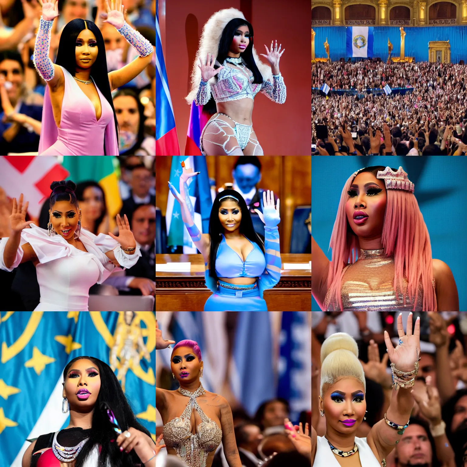 Image similar to detailed Nicki Minaj waving hands in the Argentine Congress, flags of Argentina behind, bokeh