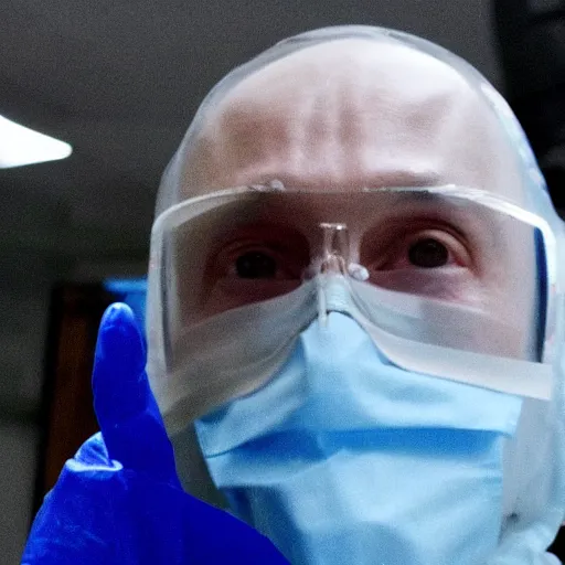 Prompt: vladimir putin in hazmat suit in a lab with blue crystals