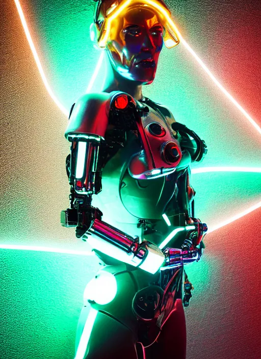 Image similar to a 3 5 mm photo of a cybernetic woman with led lights and neon with chrome details, splash art, movie still, bokeh, canon 5 0 mm, cinematic lighting, dramatic, afrofuturism, film, photography, golden hour, depth of field, award - winning, anamorphic lens flare, 8 k, hyper detailed, 3 5 mm film grain