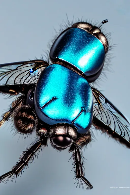 Image similar to high quality macro mecha metallic tachinid fly! gorgeous highly detailed hannah yata elson peter cinematic turquoise lighting high quality low angle hd 8k sharp shallow depth of field